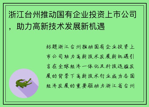 浙江台州推动国有企业投资上市公司，助力高新技术发展新机遇