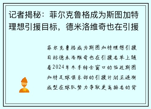 记者揭秘：菲尔克鲁格成为斯图加特理想引援目标，德米洛维奇也在引援名单上